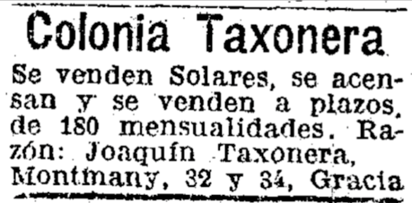 Anuncio con el nombre de Joaquim Taxonera y la dirección de su domicilio / fábrica en el carrer Montmany.